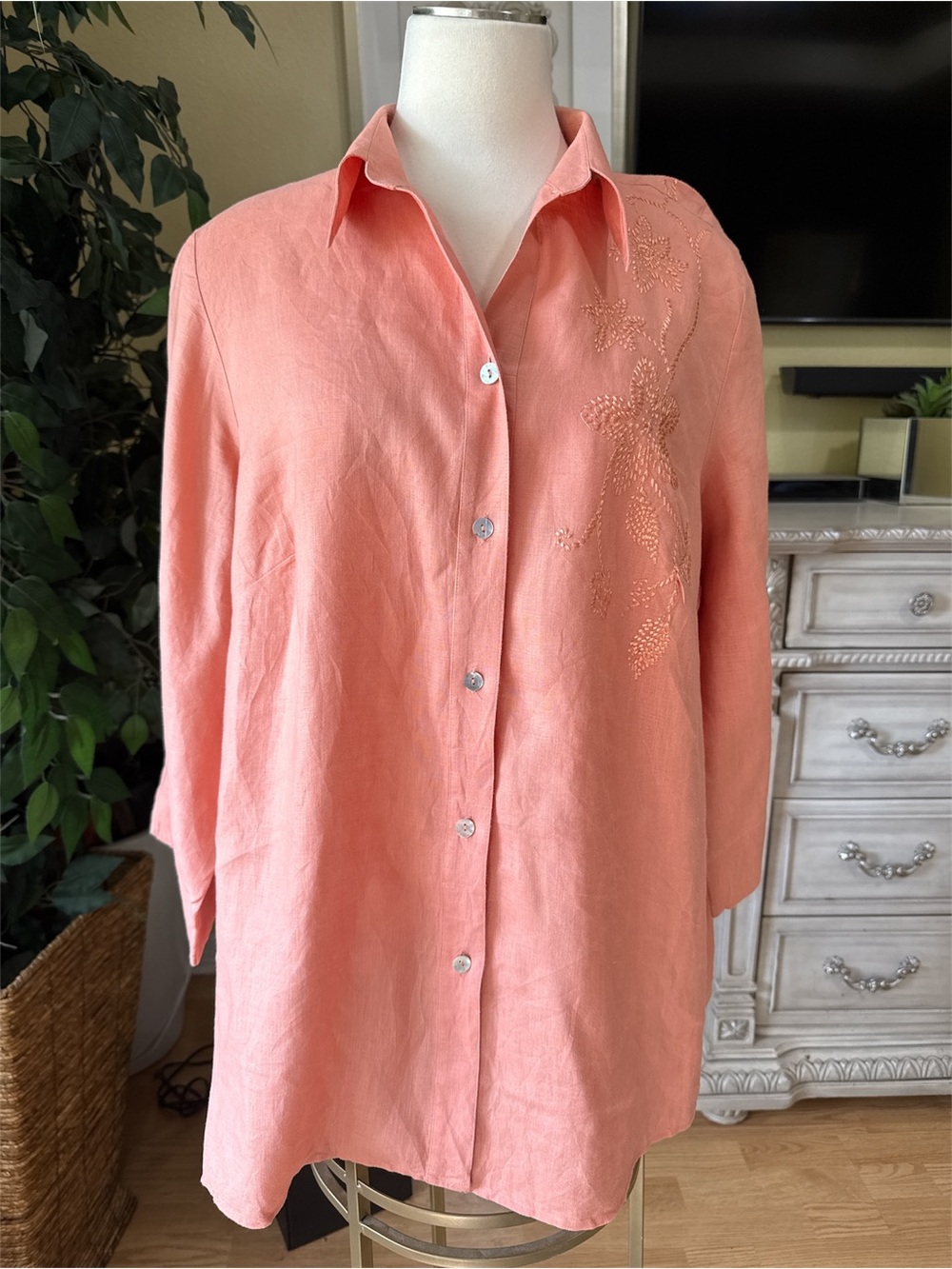 Edward Woman 2X Irish Linen Embroidered Tunic Coral